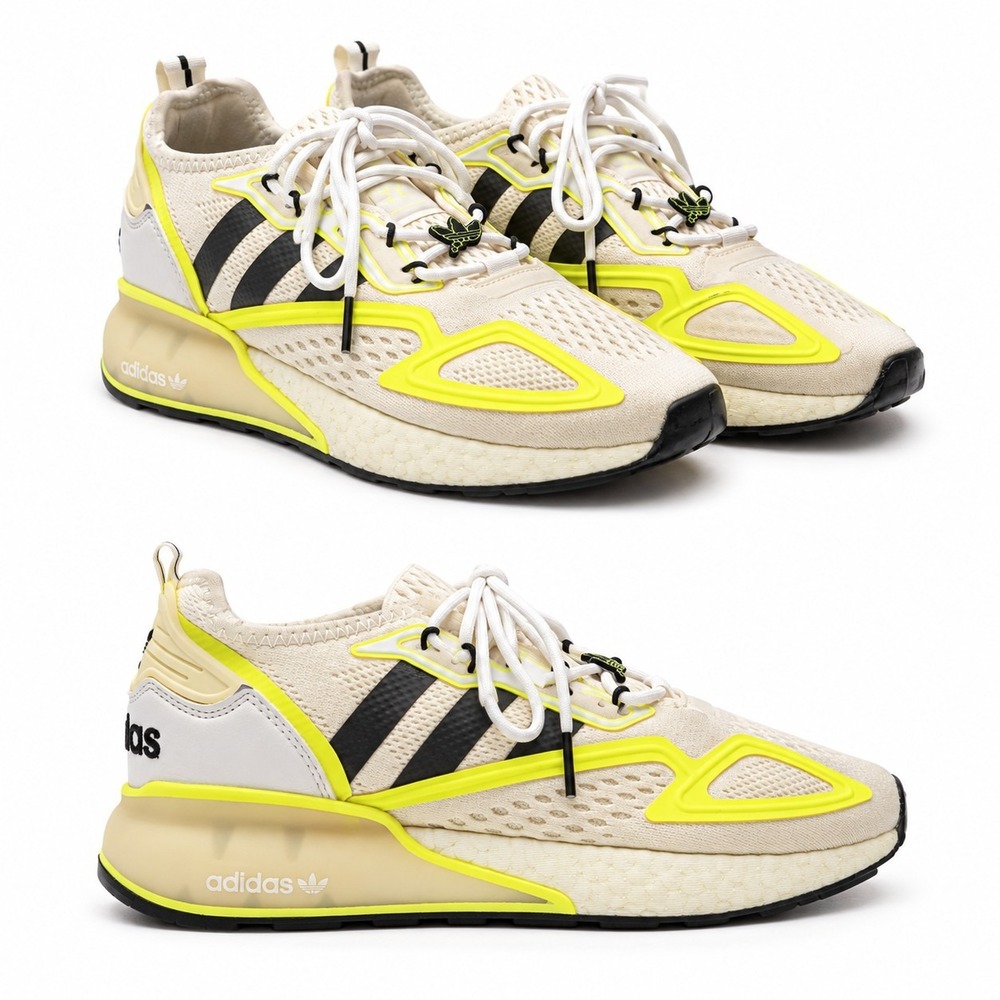 ADIDAS ZX 2K Boost Sneaker Womens Sz 6.5 Cloud White Solar Yellow Black Stripes